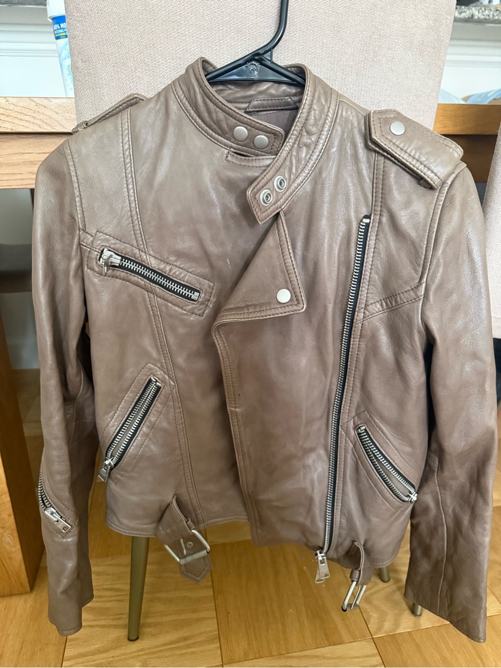 AllSaints Taupe/Brown Leather Moto Jacket with Zipper Details